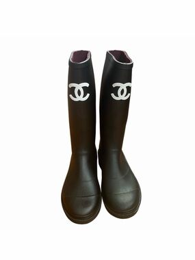 CHANEL Black Rain Boots with White CC Emblem